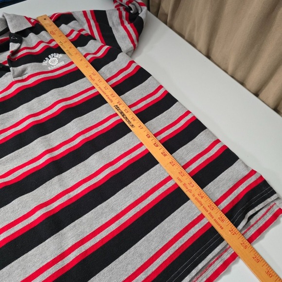 Polo Sport Shirt Mens XL (Fits M) Gray Black Red Stripe Cotton Rugby Preppy Y2K - Picture 9 of 10